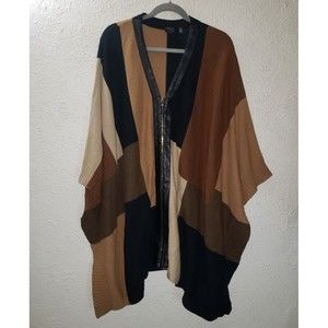 Rafaella Sz 3XL Neutral Brown Color Block Intarsia Poncho Sweater Leather Trim